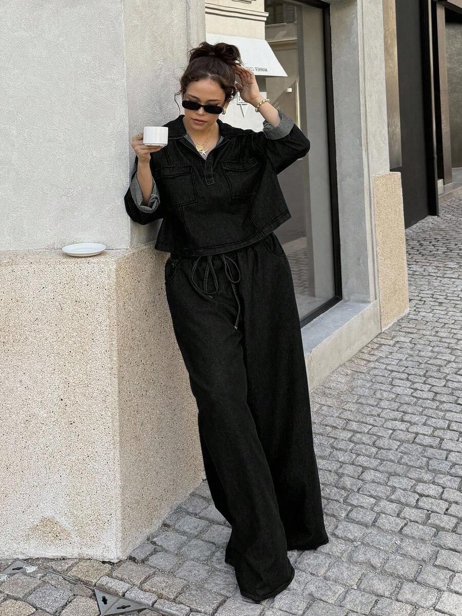 Elevate your autumn wardrobe with this fabulous denim two-piece set designed for the modern plus-size woman. The casual polo collar top features long sleeves perfect for layering, while the matching jeans provide a polished foundation for endless styling possibilities. Whether you're heading to brunch, running errands, or meeting friends, this coordinated set delivers effortless chic without the fuss. Mix, match, or wear together—this versatile duo is your new go-to for comfortable, on-trend looks all seaso