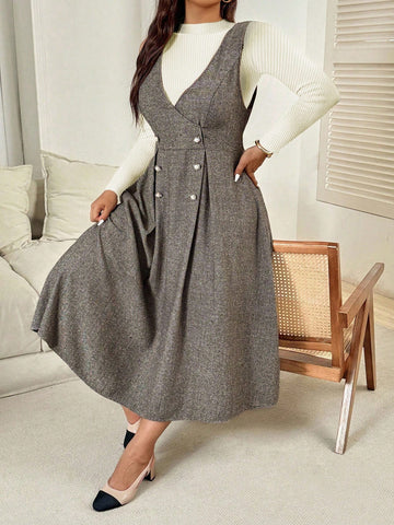Step out in style with this chic plus-size sleeveless dress featuring a classic French-inspired herringbone pattern. Perfect for autumn and winter, its cozy fabric keeps you warm while the elegant cut flatters every curve. Pair it with your favorite tights or boots for a playful yet sophisticated look that turns heads wherever you go. Embrace comfort and confidence effortlessly!