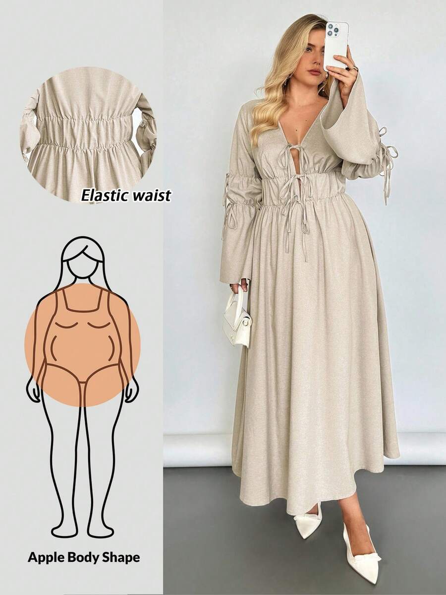 Elevate your everyday style with this charming plus-size dress that effortlessly blends comfort and sophistication. Featuring romantic flared sleeves and a delicate bow tie detail, it's the perfect piece for transitioning from summer into fall. The long sleeves provide gentle coverage while maintaining that breezy, relaxed vibe you love. Whether you're heading to brunch, running errands, or enjoying casual outings, this dress celebrates your curves with flattering cuts and timeless appeal. Dress it up with 