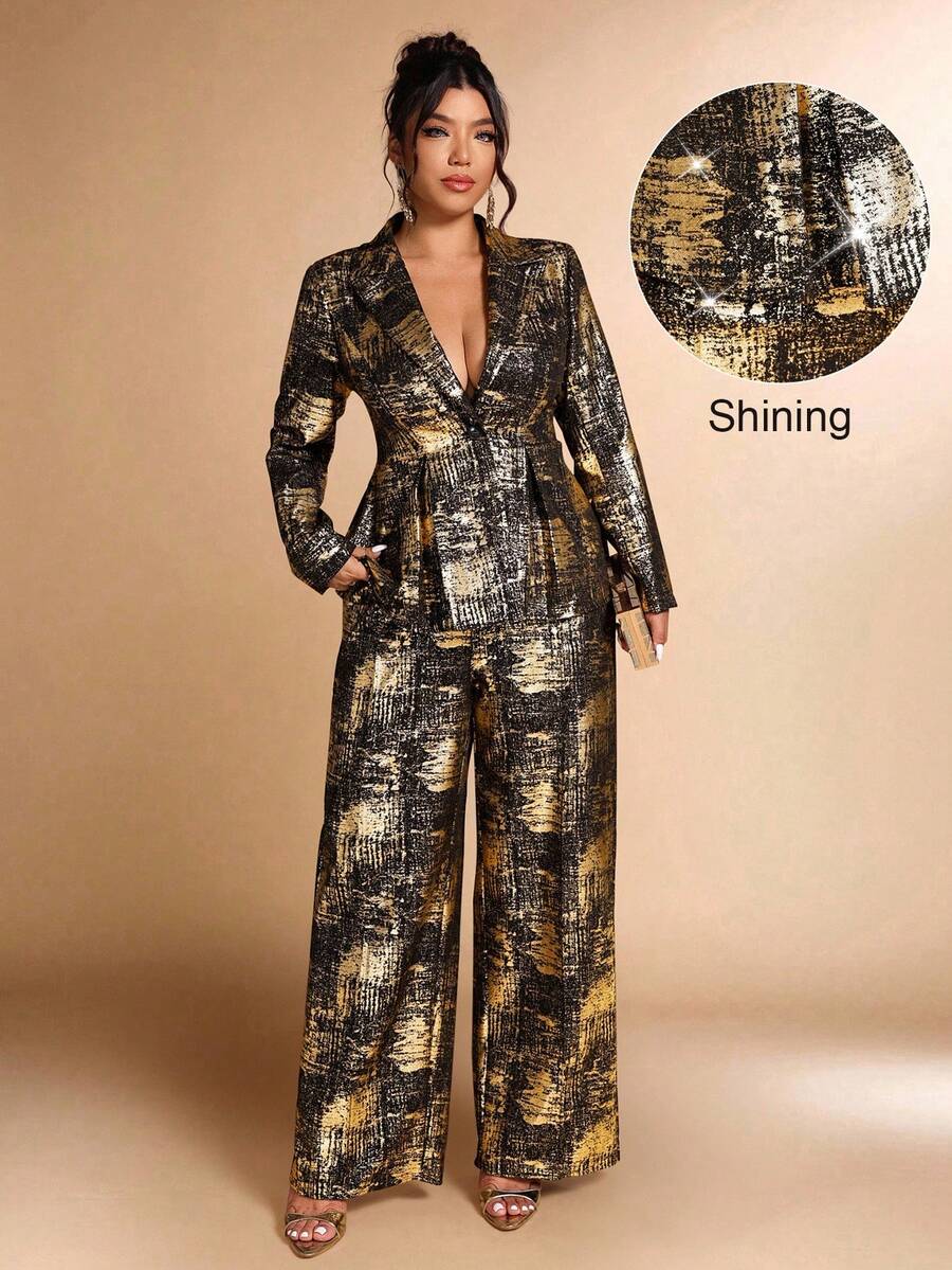 Elevate your wardrobe with this stunning metallic foil suit set—the perfect blend of sophistication and shimmer! Designed for plus-size figures, this two-piece ensemble features a lustrous finish that catches the light beautifully, making you the star of any room. Whether you're commanding the boardroom or turning heads at an evening soirée, this versatile set transitions seamlessly from office chic to party-ready. The rich autumn and winter tones paired with that eye-catching metallic sheen create an unfor