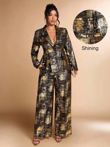 Elevate your wardrobe with this stunning metallic foil suit set—the perfect blend of sophistication and shimmer! Designed for plus-size figures, this two-piece ensemble features a lustrous finish that catches the light beautifully, making you the star of any room. Whether you're commanding the boardroom or turning heads at an evening soirée, this versatile set transitions seamlessly from office chic to party-ready. The rich autumn and winter tones paired with that eye-catching metallic sheen create an unfor