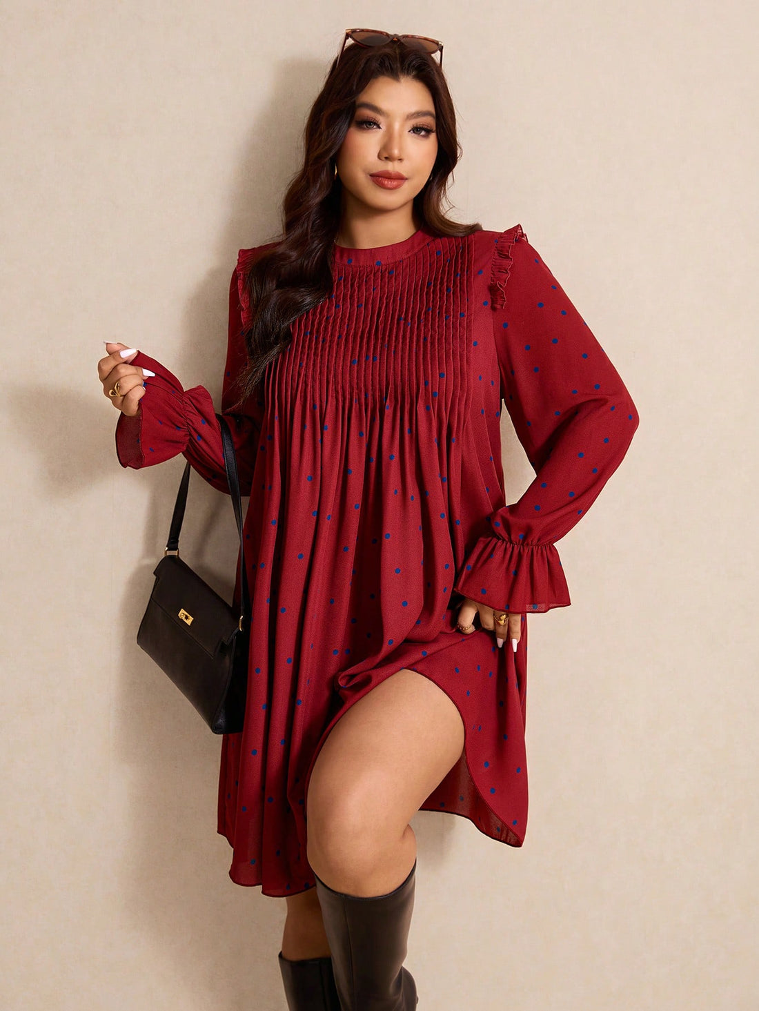 Elevate your wardrobe with this fabulous polka dot midi dress that's all about fun and flair! Featuring a charming ruffle hem that adds movement and personality, this piece celebrates curves with confidence. The classic polka dot pattern pairs perfectly with the playful ruffle detail, creating a look that's both timeless and trendy. Perfect for date nights, brunch outings, or whenever you want to feel like the best-dressed person in the room. Slip it on and let your style do the talking!