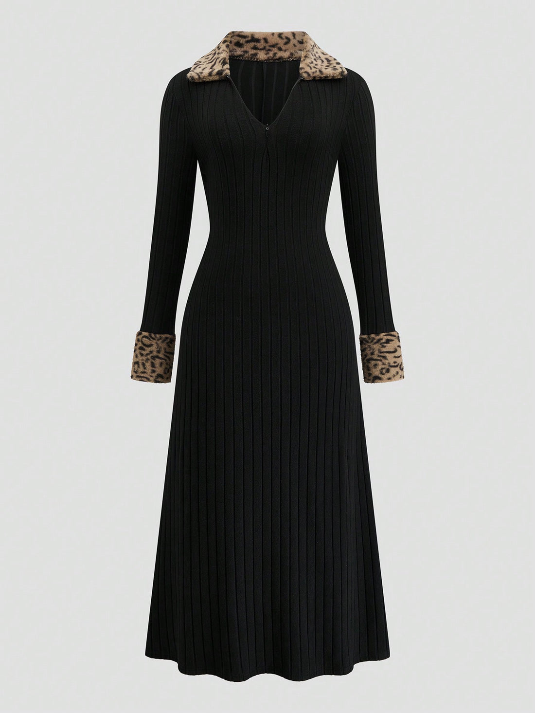 Get ready to make a stylish statement with our Chic Plus Size Ribbed Patchwork Leopard Print Collar Dress. Perfect for any outing, this dress is designed to flatter and make you feel confident. The soft ribbed fabric and eye-catching leopard print collar add a touch of fun to your wardrobe.