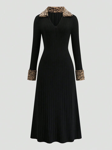 Get ready to make a stylish statement with our Chic Plus Size Ribbed Patchwork Leopard Print Collar Dress. Perfect for any outing, this dress is designed to flatter and make you feel confident. The soft ribbed fabric and eye-catching leopard print collar add a touch of fun to your wardrobe.