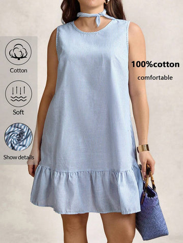 Turn heads this summer in our Chic Plus Size Women's Striped Sleeveless Dress. Its playful stripes and flirty ruffle hem add fun to casual days, while the sleeveless design keeps you cool and comfy. Perfect for sunny outings or relaxed weekends, this dress blends style and ease effortlessly.