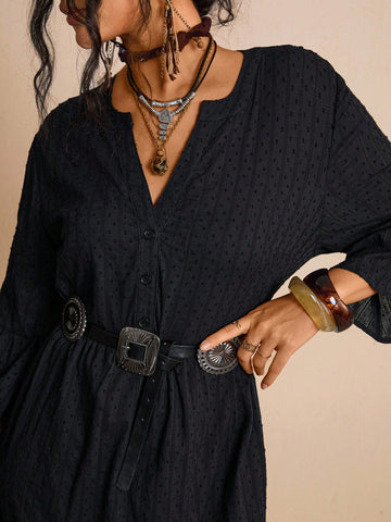 Elevate your seasonal wardrobe with this stunning plus-size dress that effortlessly blends sophistication with comfort. Crafted from quality woven fabric, it features intricate embroidery details that add visual interest and personality. The notched neckline offers a modern, flattering silhouette, while the mid-length cut provides versatile styling options for both casual outings and dressier occasions. Perfect for fall and winter layering, this piece transitions beautifully from day to night. Whether you'r