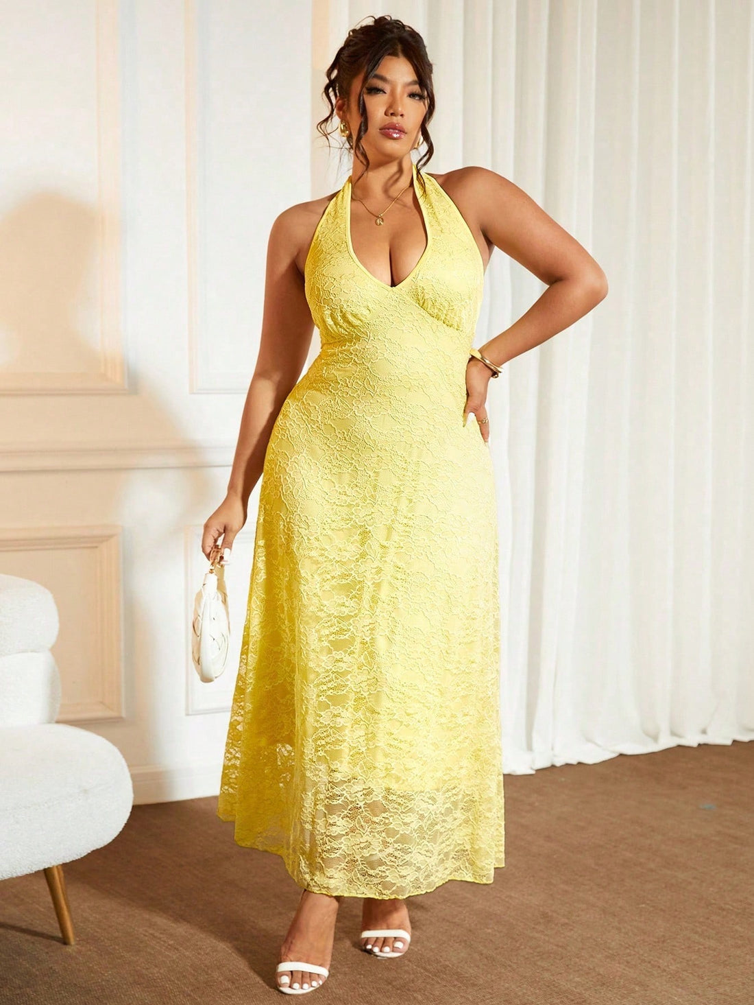 Turn heads effortlessly in this Chic Plus Size Yellow Lace Dress, designed to brighten any elegant occasion. Its sleeveless cut and flattering V-neckline bring a flirty, fresh vibe to classic lace sophistication. Perfect for dancing, dining, or dazzling, this dress combines comfort with style so you can feel fabulous all night long. Embrace your curves and let your confidence shine in sunshine yellow!