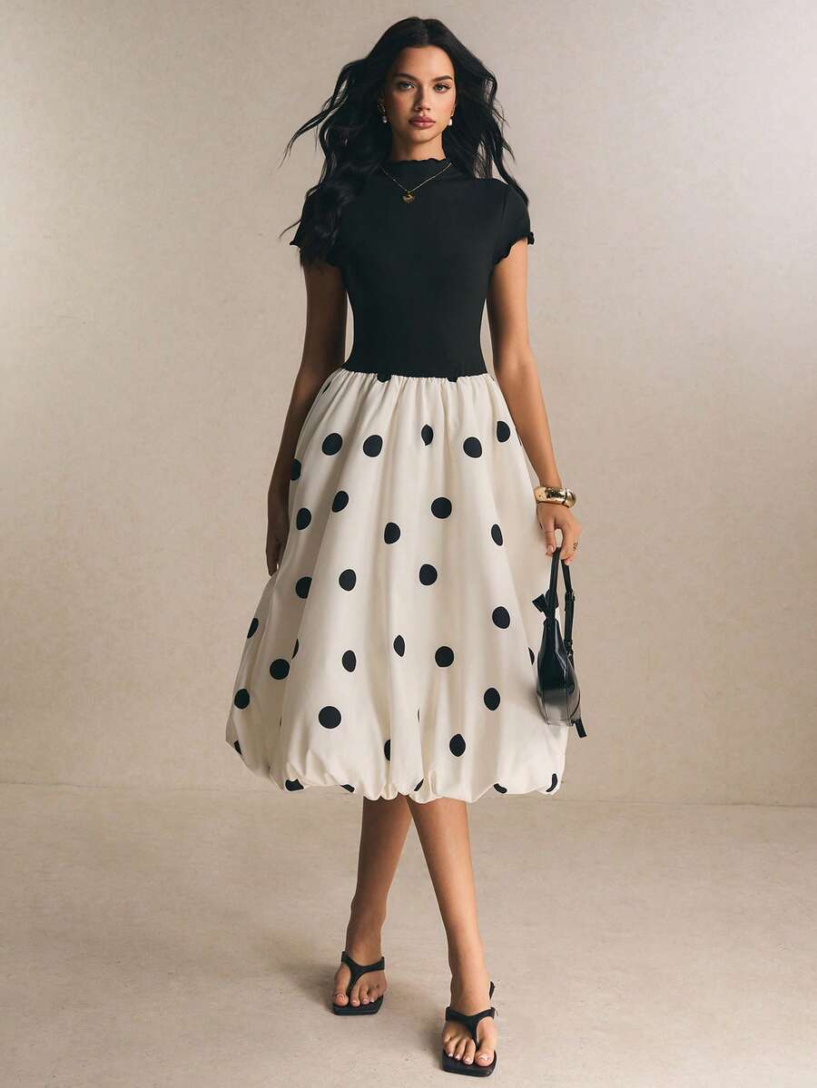 Black and white polka-dot bubble midi dress front view