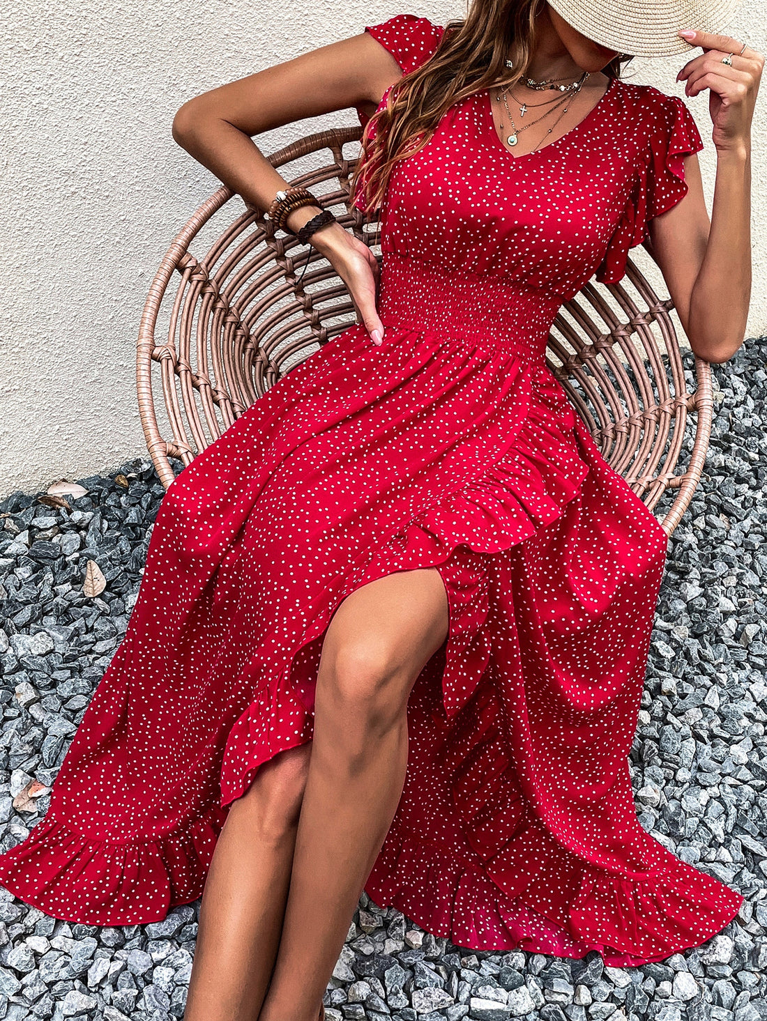 Upgrade your style effortlessly with our Chic Polka Dot Butterfly Sleeve Ruffle Wrap Dress. The unique butterfly sleeves and ruffle wrap design add a touch of elegance to any outfit. Perfect for any occasion, this dress will make you stand out in a crowd.