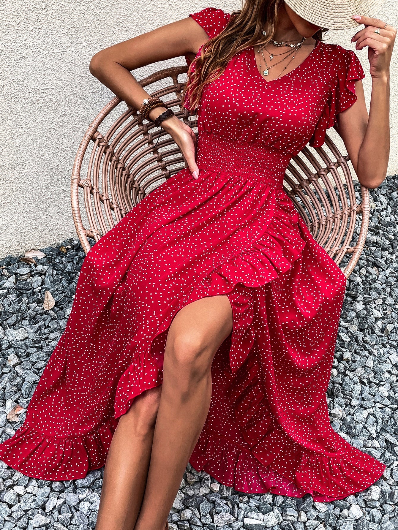 Upgrade your style effortlessly with our Chic Polka Dot Butterfly Sleeve Ruffle Wrap Dress. The unique butterfly sleeves and ruffle wrap design add a touch of elegance to any outfit. Perfect for any occasion, this dress will make you stand out in a crowd.