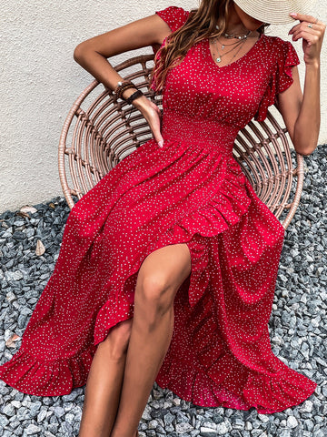 Upgrade your style effortlessly with our Chic Polka Dot Butterfly Sleeve Ruffle Wrap Dress. The unique butterfly sleeves and ruffle wrap design add a touch of elegance to any outfit. Perfect for any occasion, this dress will make you stand out in a crowd.