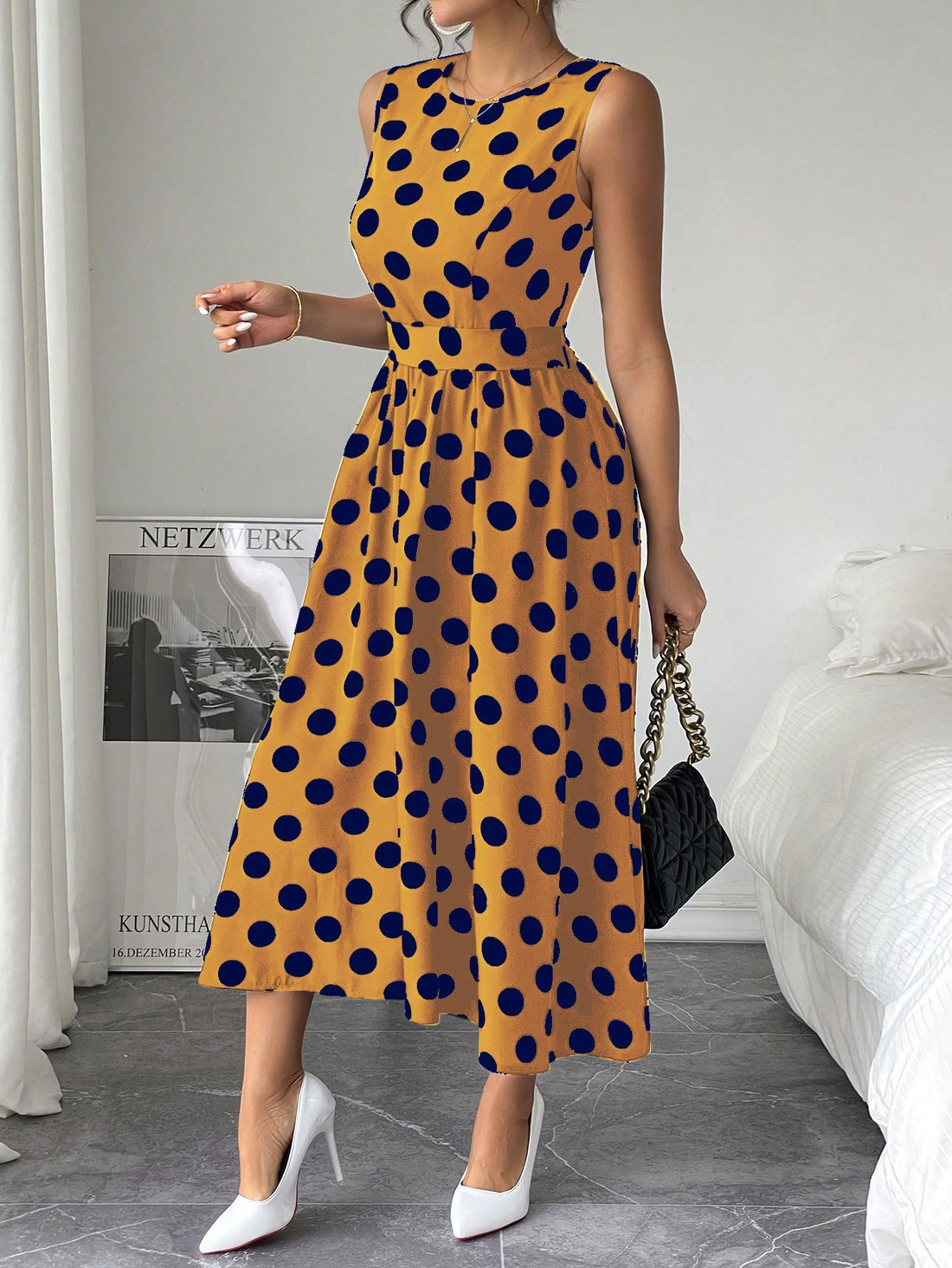 Get ready to turn heads in our Chic Polka Dot Flare Dress! This elegant sleeveless style features a flattering waist cinch for a feminine silhouette. Perfect for any occasion, this dress combines fashion and function in the most stylish way possible. Time to add some fun to your wardrobe!