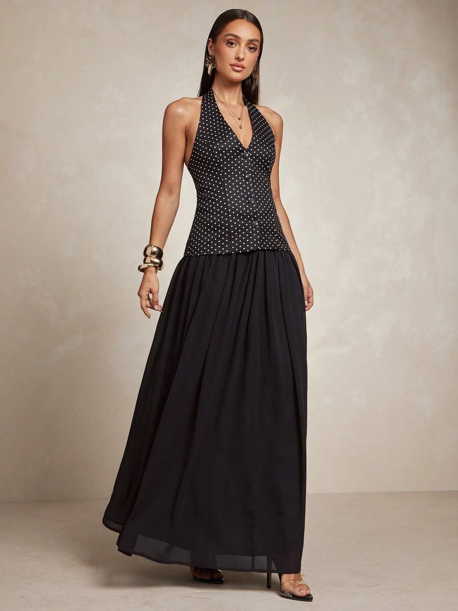 View 1 of polka dot halter top maxi skirt set with V-neck button front camisole, open back, and black flowy skirt