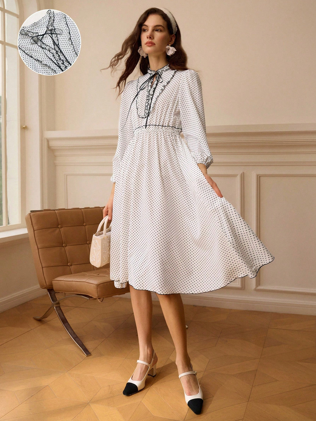 Step out with confidence in this Chic Polka Dot Long Sleeve Dress, where timeless elegance meets playful charm. The delicate polka dots add a fun twist to a classic silhouette, while the long sleeves keep it effortlessly stylish for any season. Perfect for brunches, office days, or evening outings, this dress brings a splash of whimsy to your wardrobe essentials. Enjoy flattering comfort and a look that turns heads with every step!