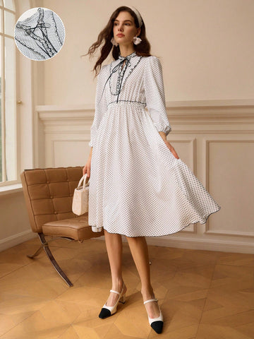 Step out with confidence in this Chic Polka Dot Long Sleeve Dress, where timeless elegance meets playful charm. The delicate polka dots add a fun twist to a classic silhouette, while the long sleeves keep it effortlessly stylish for any season. Perfect for brunches, office days, or evening outings, this dress brings a splash of whimsy to your wardrobe essentials. Enjoy flattering comfort and a look that turns heads with every step!