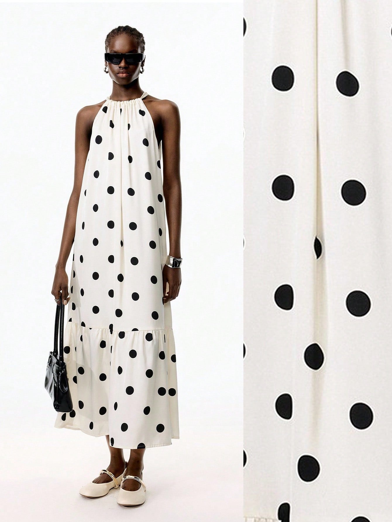 Turn heads on your getaway with this playful polka dot halter maxi dress. Its ruffled hem adds a flirty touch, while the breezy silhouette keeps you comfortable from beach strolls to sunset dinners. Effortless style meets vacation-ready charm in one chic dress.
