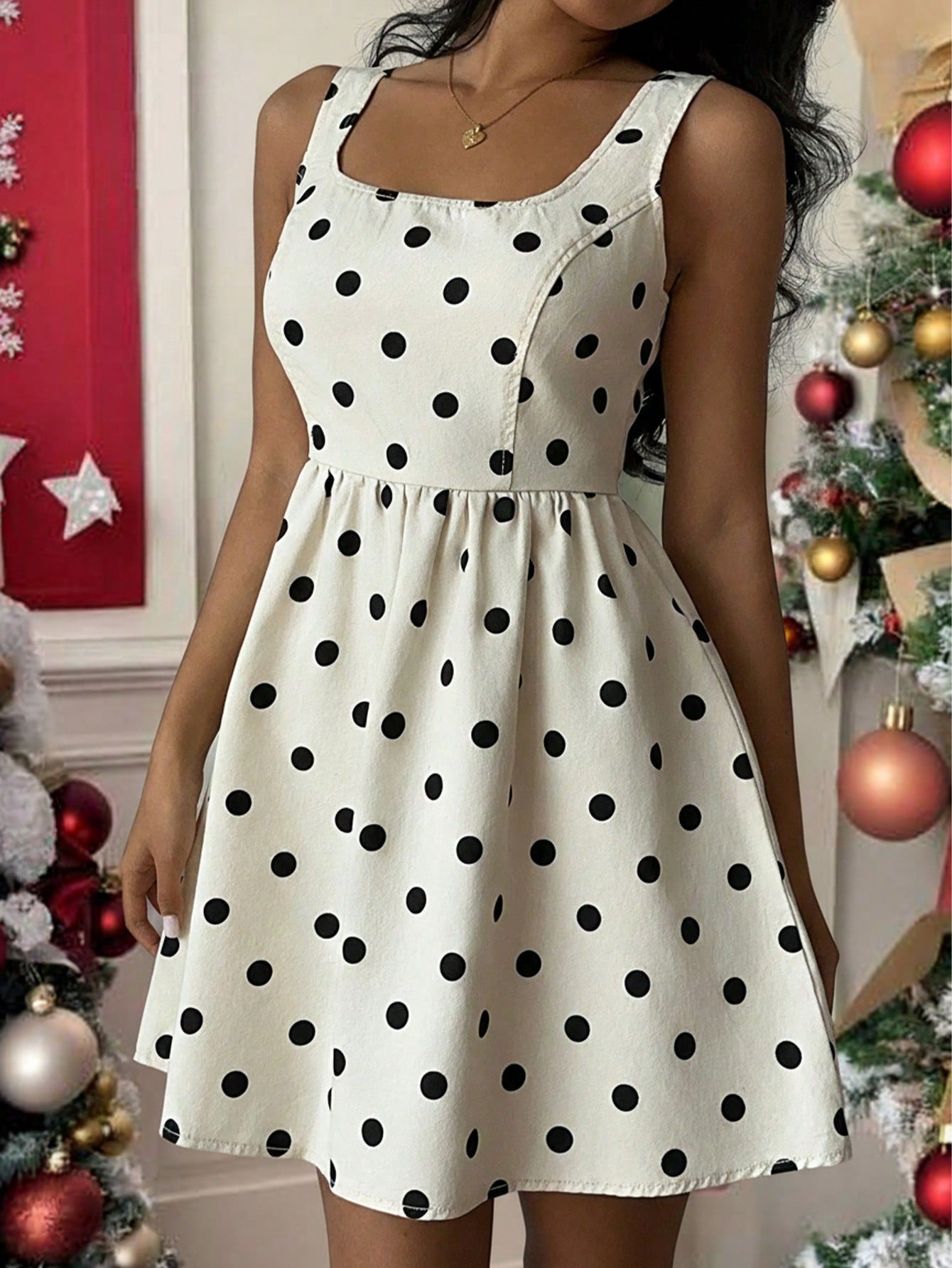 Rock a timeless look with this sleeveless denim dress featuring charming polka dots. Perfect for casual outings or dressed-up occasions, this versatile piece pairs effortlessly with sneakers, sandals, or heels. The classic denim fabric offers durability and comfort, while the playful dot pattern adds a fun twist to your everyday wardrobe. Whether you're running errands or heading out for brunch, this dress is your go-to for laid-back style that never goes out of fashion.