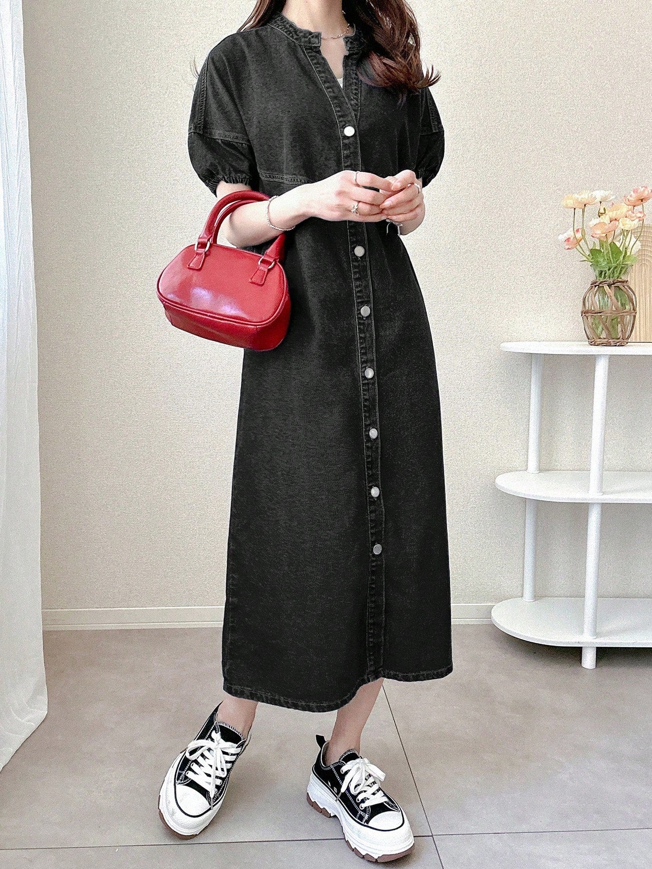 Chic Puff Sleeve Denim Sundress for Women – Casual Front Button Dress – Canary Houze