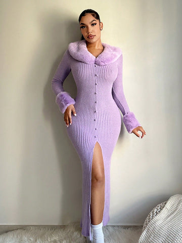 This Chic Purple Long-Sleeve Faux Fur Patchwork Dress for Winter combines style and warmth for the perfect winter outfit. The long-sleeves and faux fur patchwork provide comfort and fashion, while the chic purple color adds a touch of sophistication. Perfect for staying cozy and stylish during the colder months.