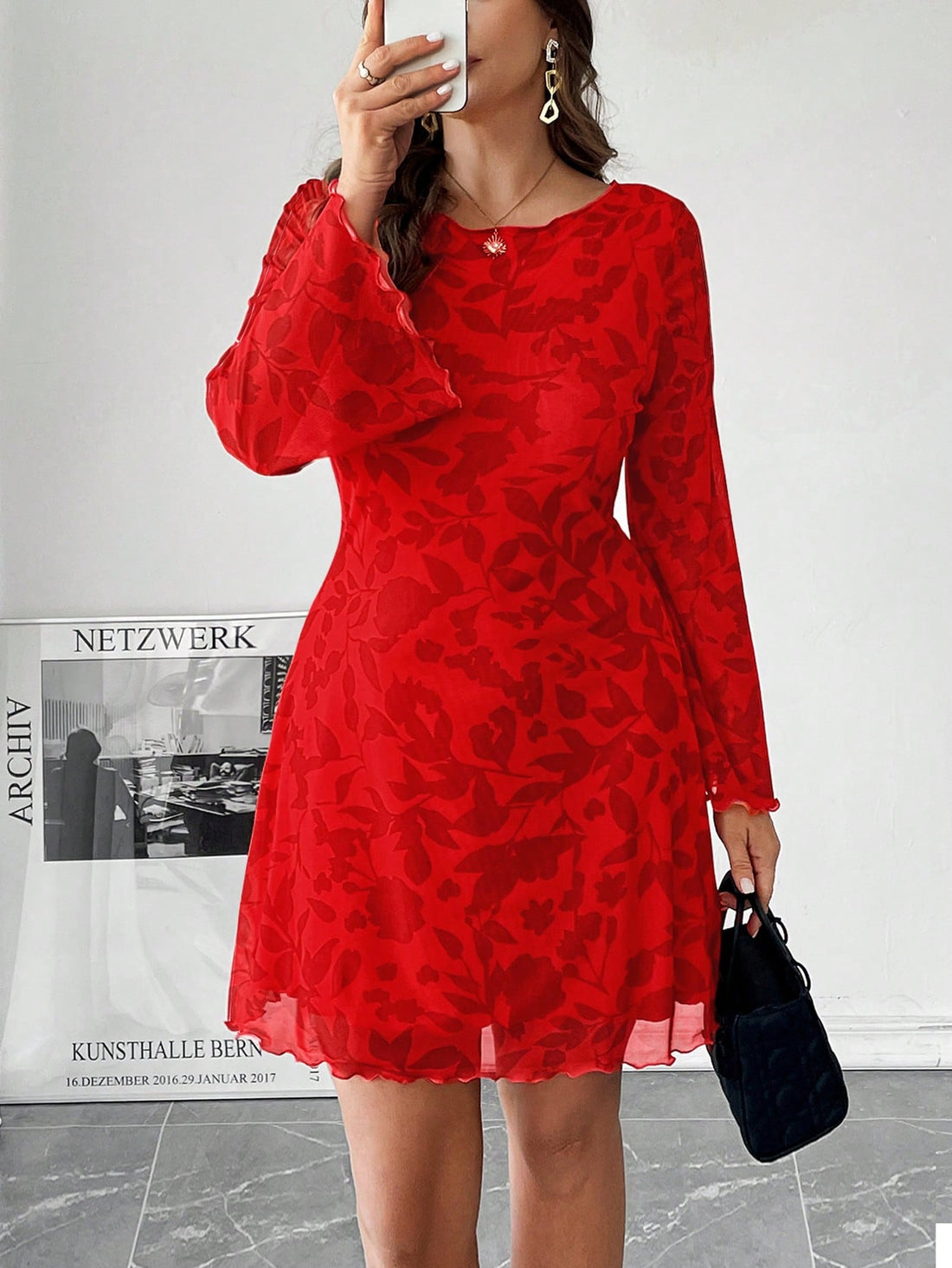 Elevate your style with our Chic Red Mesh Floral Trumpet Dress, perfect for plus size women. Stand out in this elegant holiday outfit, perfect for spring and summer celebrations. Embrace the vibrant red and intricate floral pattern to make a statement.