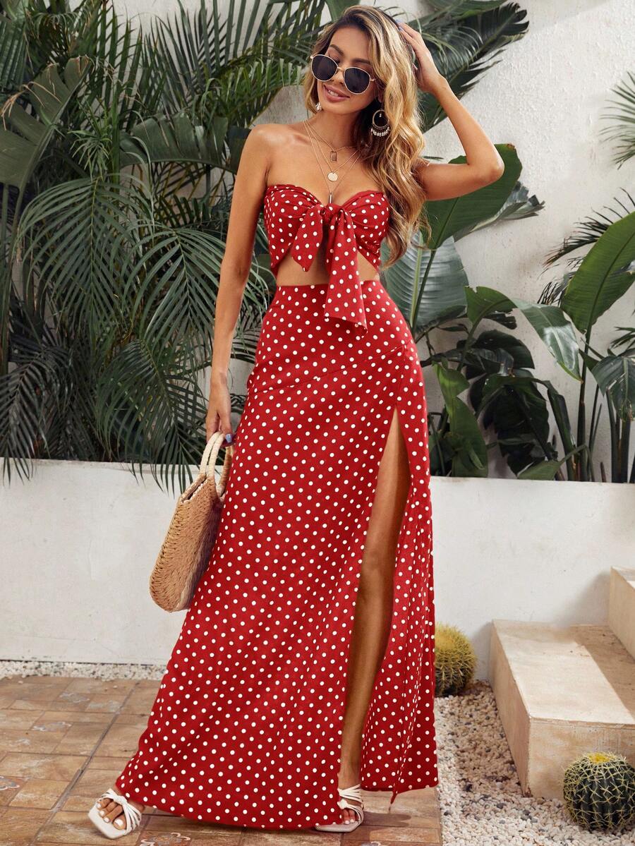 Make a splash this season in our vibrant red polka dot beach set—the ultimate combo for sun-soaked style. The tie-front crop top flatters with adjustable fit and breezy comfort, while the split thigh skirt moves with you from beach to boardwalk. Perfect for poolside lounging, vacation vibes, or casual summer adventures. Mix, match, or wear together for effortless, Instagram-worthy looks that celebrate your playful side.