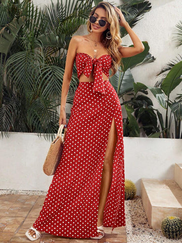 Make a splash this season in our vibrant red polka dot beach set—the ultimate combo for sun-soaked style. The tie-front crop top flatters with adjustable fit and breezy comfort, while the split thigh skirt moves with you from beach to boardwalk. Perfect for poolside lounging, vacation vibes, or casual summer adventures. Mix, match, or wear together for effortless, Instagram-worthy looks that celebrate your playful side.