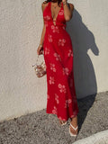 Red printed halter backless dress with flowing skirt