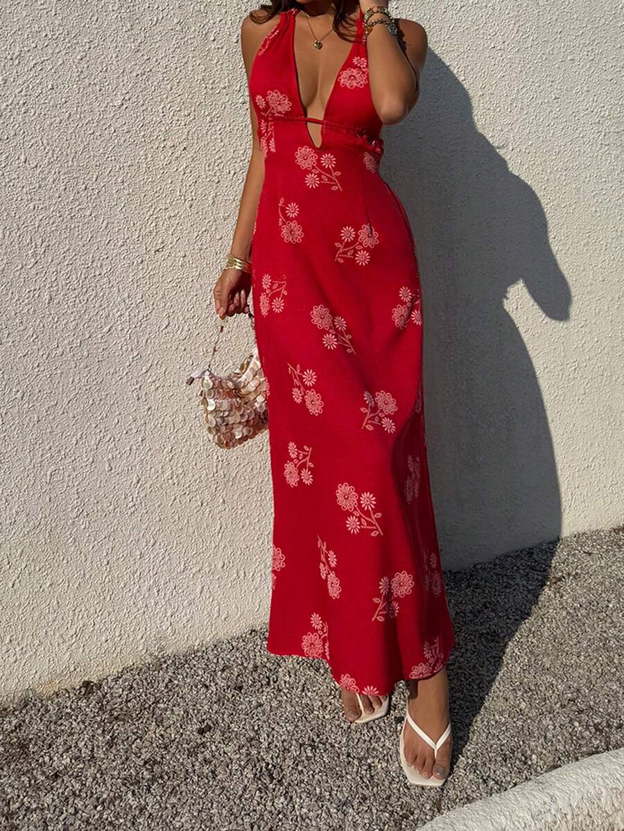 Red printed halter backless dress with flowing skirt