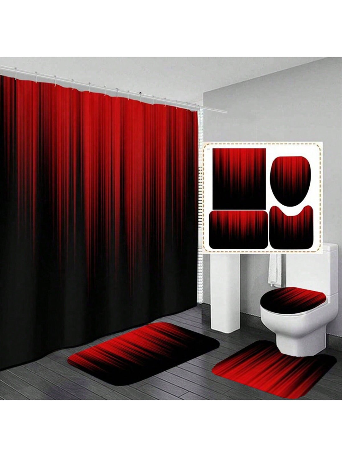 Upgrade your bathroom with our Chic Red and Black Gradient Bathroom Set. This set includes a shower curtain, rug, toilet seat cover, and bath mat, all featuring a stylish red and black gradient design. Perfect for adding a touch of sophistication and luxury to your home.