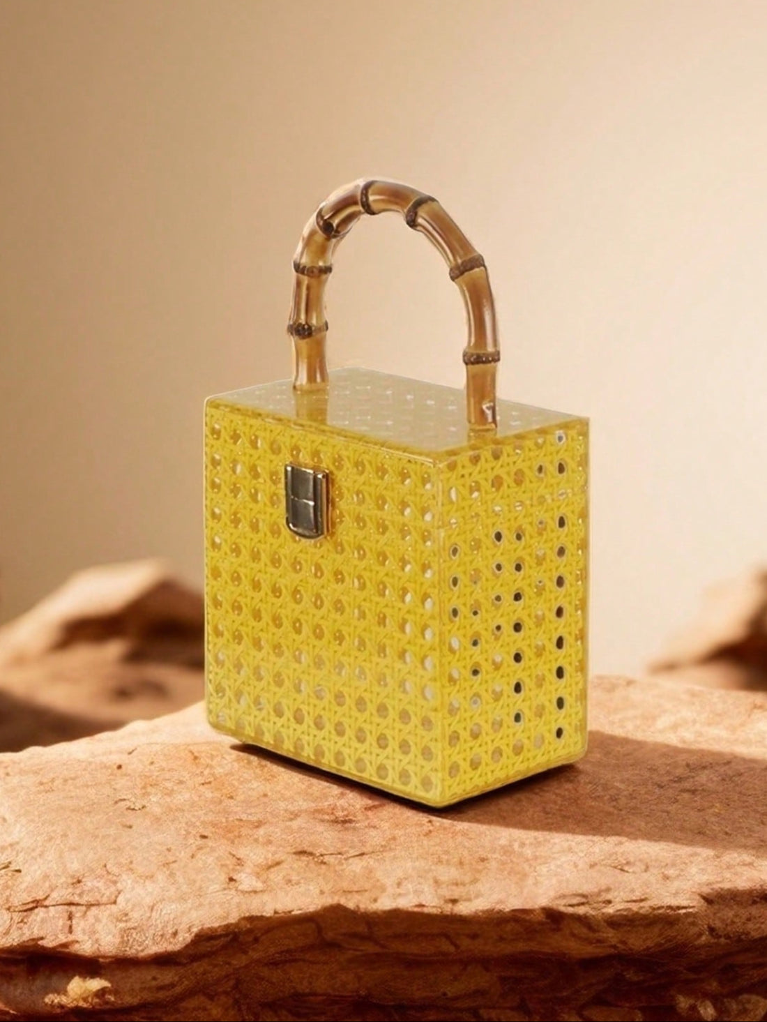 Elevate your style with this Chic Retro Acrylic Handbag, featuring a charming bamboo handle and a sleek metal lock. Perfectly sized for daily adventures or vacation fun, this playful accessory adds a splash of vintage flair to any outfit while keeping your essentials secure and within reach.