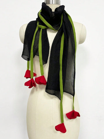 This black gauze scarf with simulated red blooms offers effortless style with a chic retro touch. Made from high-quality materials, this scarf adds a pop of color to any outfit while providing lightweight comfort. Perfect for any fashion-forward individual looking to elevate their wardrobe.