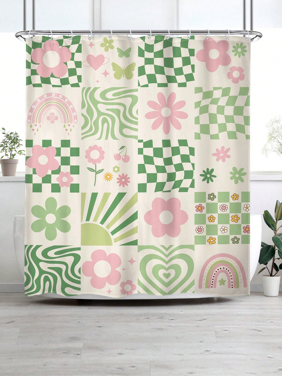 Transform your bathroom into a whimsical and unique space with our Chic Retro Green Plaid and Pink Floral Geometric Pattern Shower Curtain. Made with waterproof material and equipped with 12 hooks, this curtain adds style and function to any bathroom. (Floral and plaid, together? Who woulda thought?!)