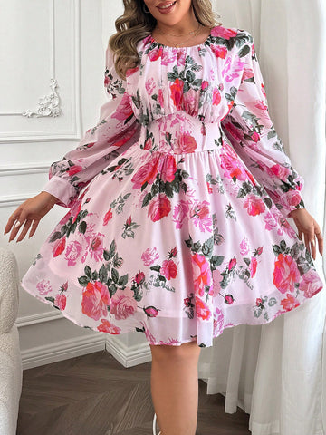 Chic Rose Print Ruched Waist Lantern Sleeve Dress for Plus Sizes - Perfect for Casual Dates and Spring Vacations
