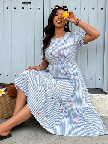 Light blue striped heart print plus size midi dress with ruffle sleeves