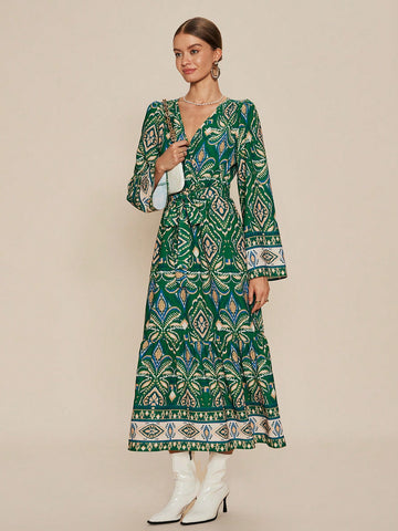 Experience casual elegance with our Chic Ruffle Hem V-Neck Dress. Featuring a trendy allover print and a flowy ruffle hem, this dress is perfect for any occasion. The V-neck adds a touch of sophistication, making it a versatile addition to your wardrobe. Elevate your style effortlessly with this chic dress.