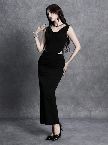 Full front view of black draped bodycon midi dress with asymmetric waist cutout