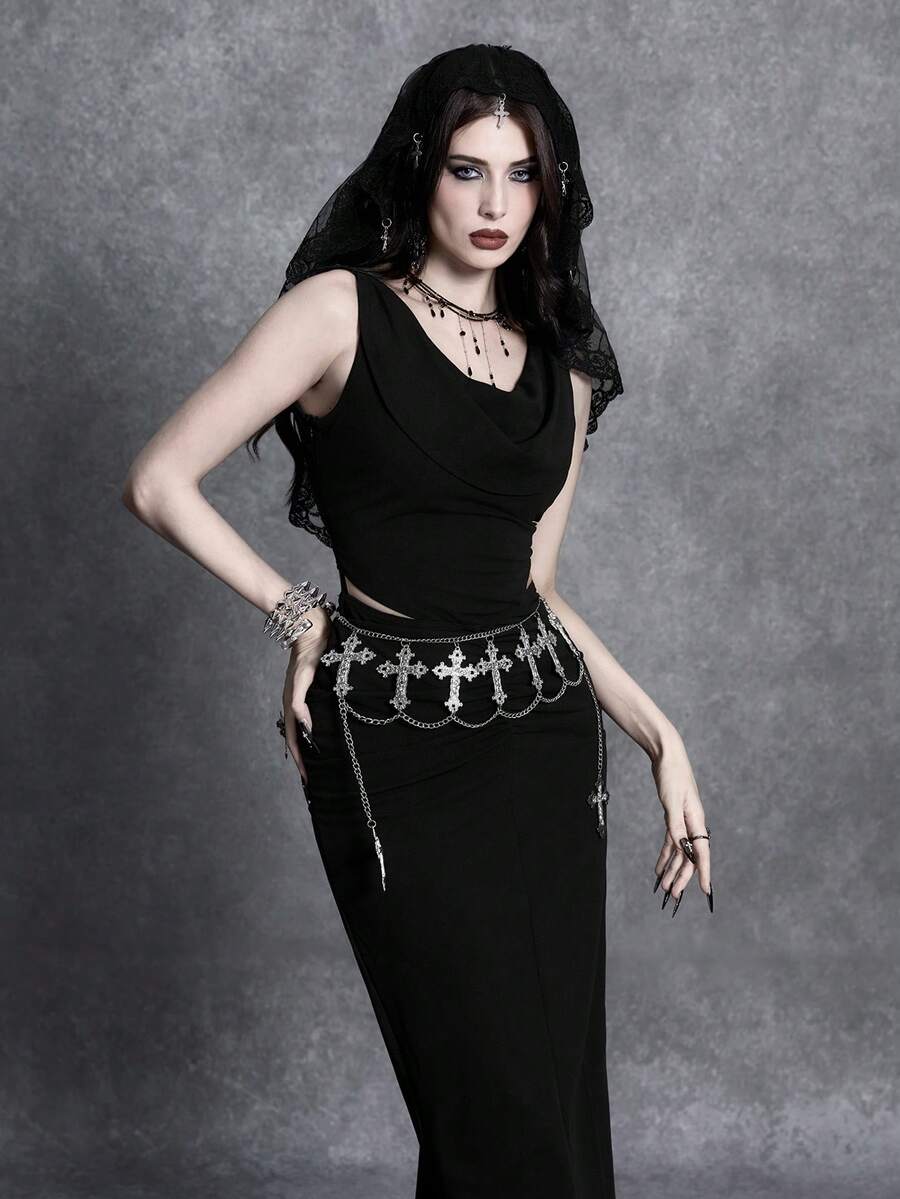Front view of black sleeveless cowl neck bodycon midi dress with ruched hips