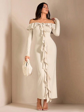 Get ready for a chic and flirty look with our Ruffled Off-Shoulder Dress for beach parties and romantic evenings. With its playful ruffles and alluring off-shoulder design, this dress is perfect for making a statement. Featuring long sleeves for versatility, it's the perfect addition to your wardrobe.
