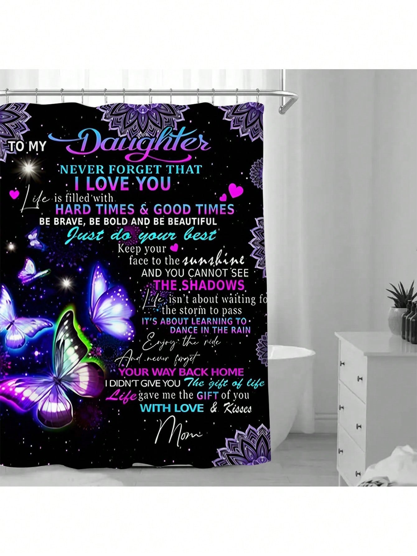 Add some inspiration to your bathroom decor with our Chic Satin Waterproof Bath Shower Curtain. Made with durable and waterproof satin, this stylish curtain features an inspirational letter print. Perfect for adding a touch of elegance and motivation to your daily routine.