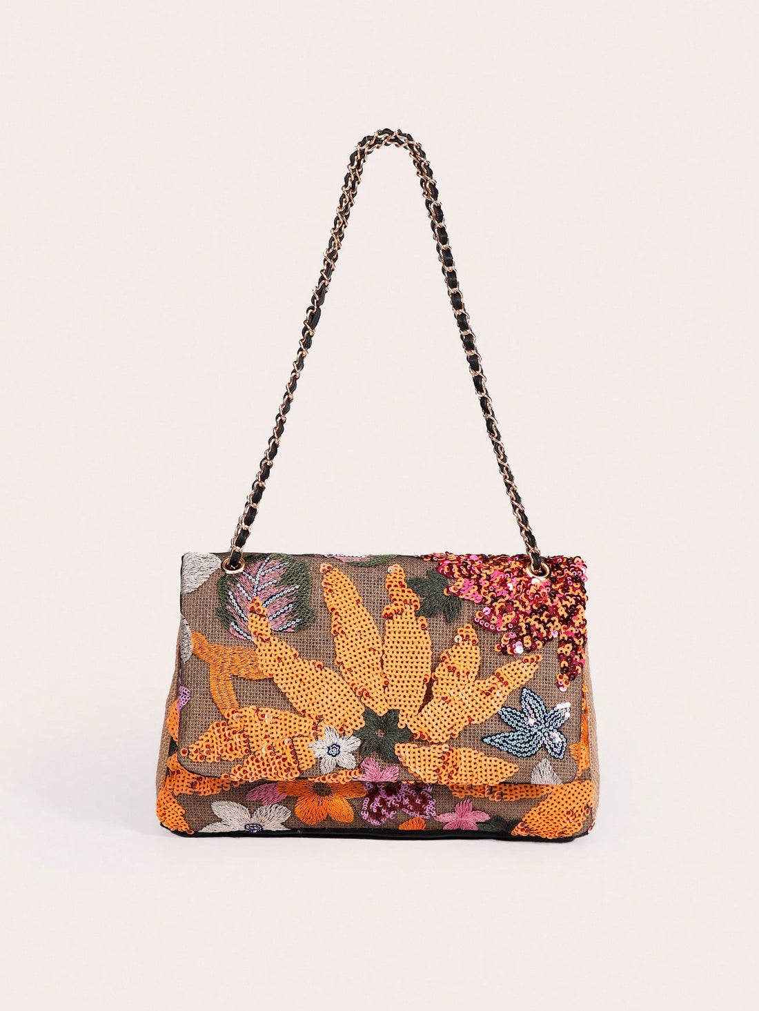 Perfect for parties and celebrations, the Chic Sequin & Embroidery Flower Chain Bag is a must-have accessory. Its intricate embroidery and sparkling sequins make a statement, while the sturdy chain allows for comfortable and secure carrying. Elevate your party look with this elegant and fashionable bag.