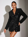 Experience a stunning transformation with our Chic Sequin Lapel Neck Blazer Dress. The sequin-adorned lapel adds a touch of sophistication to your evening look. Elevate your style game with this versatile and eye-catching dress. Perfect for any special occasion or night out.