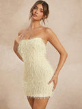 This chic shaggy fringe strapless mini party dress is perfect for any occasion. With its stylish design and comfortable fit, you'll be the center of attention at any event. The chic shaggy fringe adds a touch of elegance while the strapless design allows for easy movement. A must-have for any fashion-forward individual.