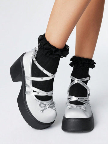 Step out in style with these Chic Silver Bowknot Mary Jane Chunky Heel Platform Shoes, perfect for adding a playful twist to your spring and autumn looks. The shining silver finish and charming bowknot detail bring a flirty touch to every outfit, while the chunky heel offers steady confidence with every step. Versatile and fun, these Mary Janes are ready to brighten up everything from casual days to dressier occasions.