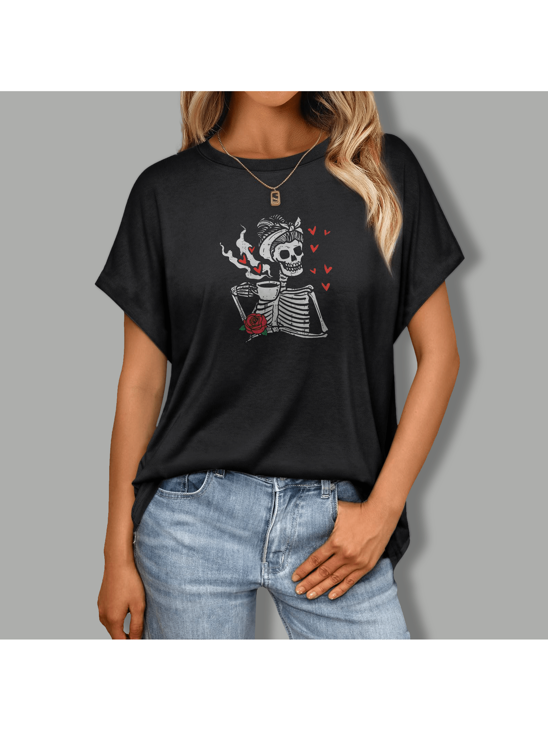 This Chic Skeleton Messy Bun Tee is an ideal choice for casual wear on Valentine's Day and beyond. With its unique design and comfortable fit, it's the perfect piece to add a touch of playfulness to your wardrobe. Say goodbye to boring t-shirts and hello to a fun twist on a classic look!