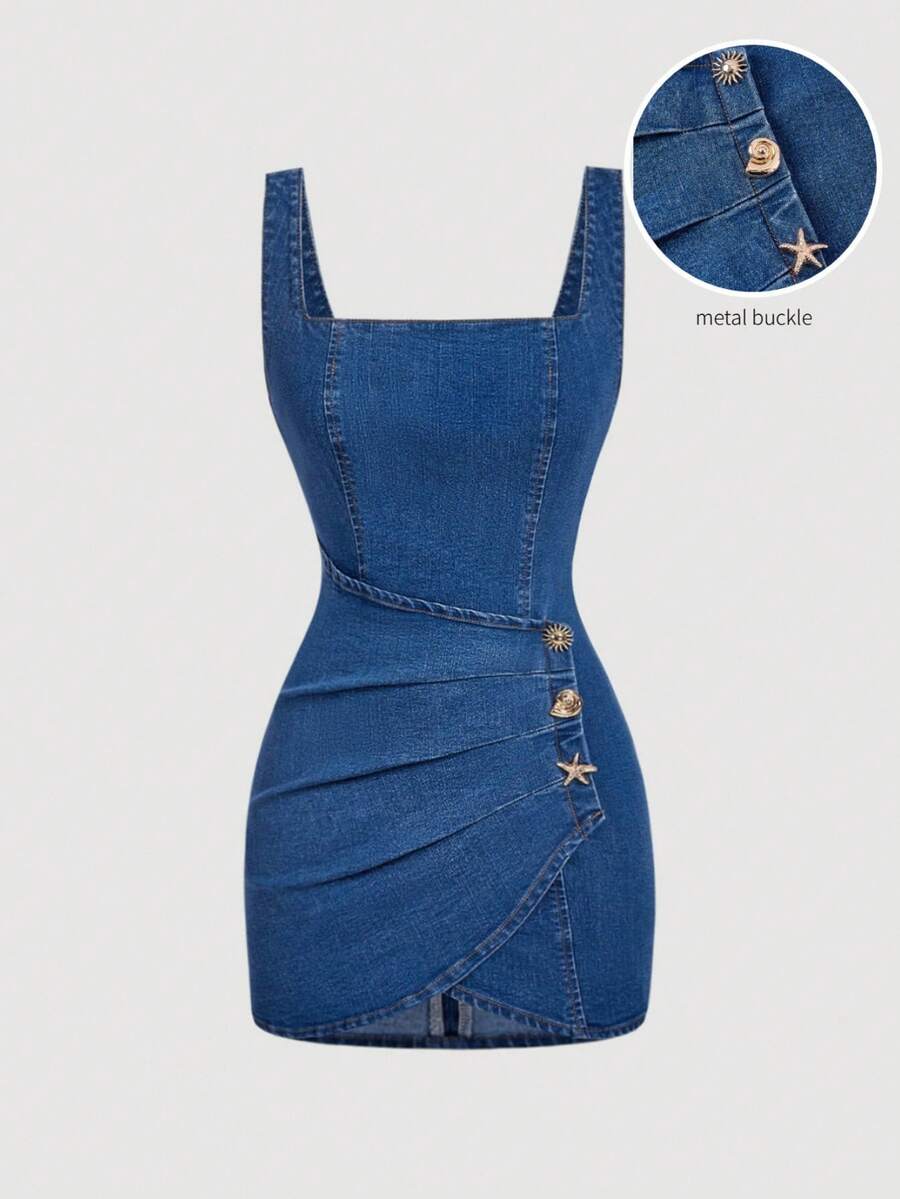 Effortless style meets modern edge with this sleeveless denim dress. The pleated design adds dimension and movement, while the asymmetric hem creates an on-trend silhouette that flatters every frame. Crafted from quality denim, it's versatile enough for casual outings or dressed up for evening plans. Perfect for women who want to make a statement without trying too hard.
