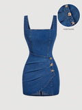 Effortless style meets modern edge with this sleeveless denim dress. The pleated design adds dimension and movement, while the asymmetric hem creates an on-trend silhouette that flatters every frame. Crafted from quality denim, it's versatile enough for casual outings or dressed up for evening plans. Perfect for women who want to make a statement without trying too hard.