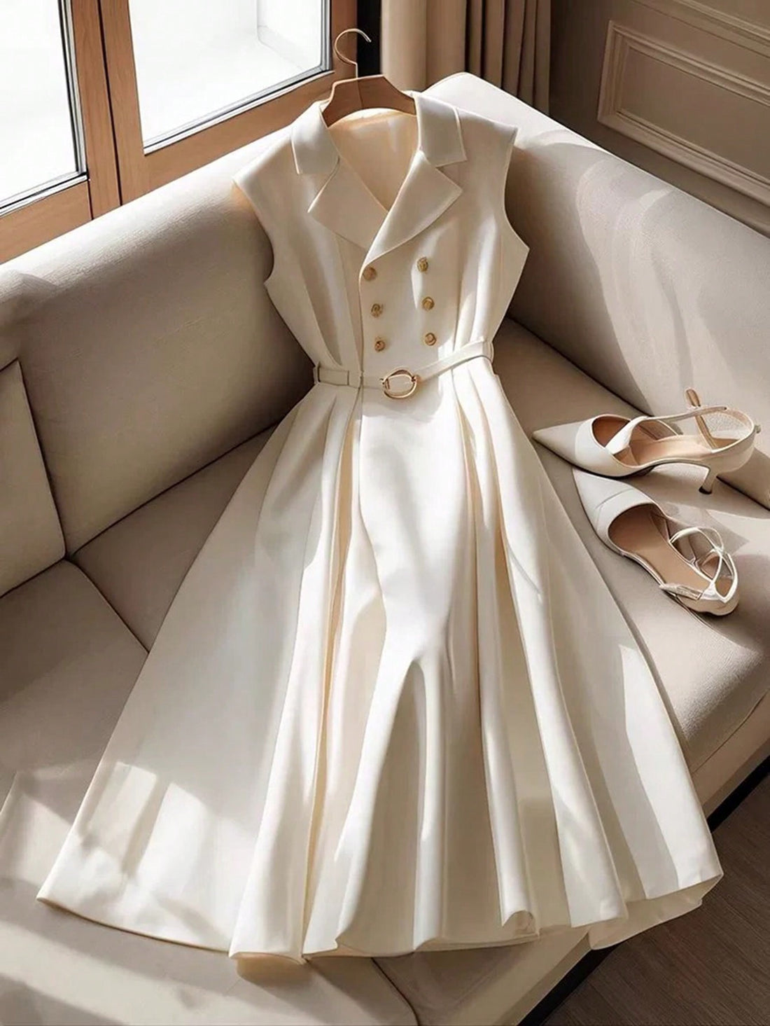 Get ready to strut your stuff in this chic double-breasted dress! The sleeveless design and mid-length cut make for an elegant, yet comfortable, fit. Perfect for the office or a night out, this solid color dress will have you looking effortlessly stylish.