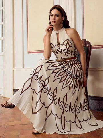 Step out in style with this playful sleeveless maxi dress featuring a bold geometric print. The pleated design adds movement and flair, making it perfect for effortless elegance at any event. Lightweight and breezy, it keeps you comfortable while turning heads wherever you go.