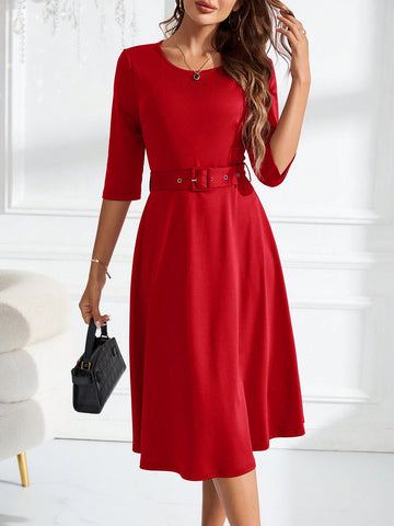 Chic Solid Color Half-Sleeve Casual Dress with Waist Tie for Effortless Style