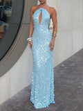 4 media show light blue sequin halter maxi dress with tie neck, deep front keyhole, open back, oversized round paillettes, slim mermaid floor length shape. image 3